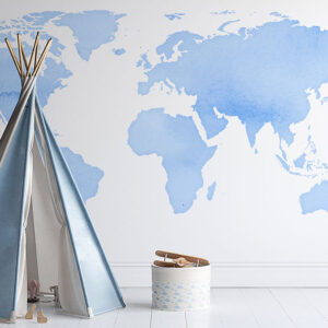Blue world map peel and stick wall mural