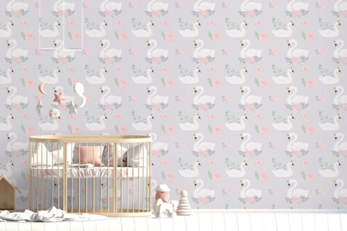 Swan and pink rose pattern printed on peel and stick vinyl wallpaper
