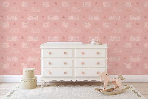 Pink peel and stick wallpaper with white castle pattern