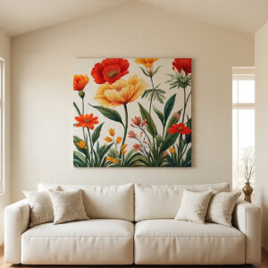 Custom stretched canvas photo art of flowers in living room setting
