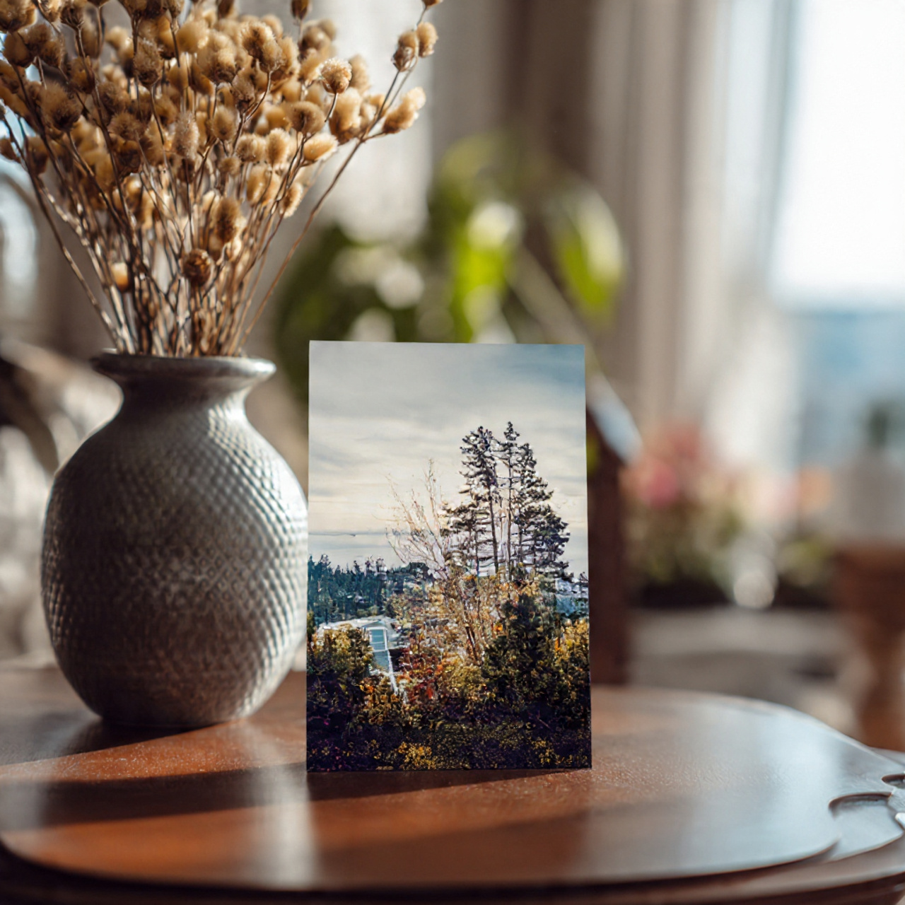 Photo plaque standing up on side table with fancy vase in background