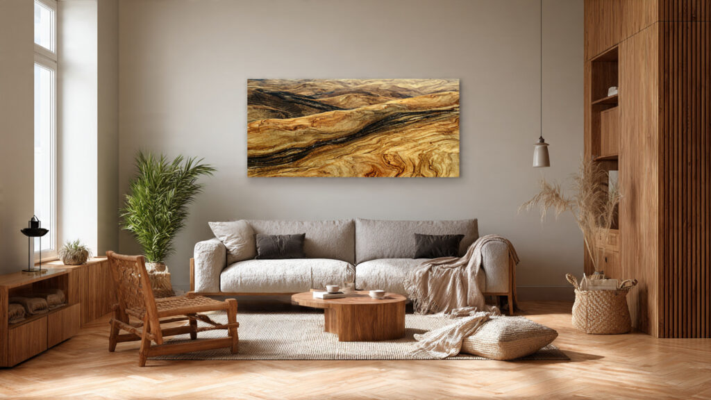 Large living room wall art HD metal print with natural tones