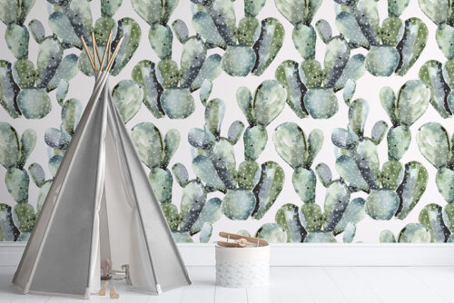 peel and stick vinyl wallpaper with repeating cacti design
