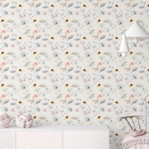 floral art and blue poppy design on peel and stick wallpaper