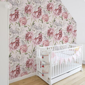 Pink and grey floral design on peel & stick wallpaper