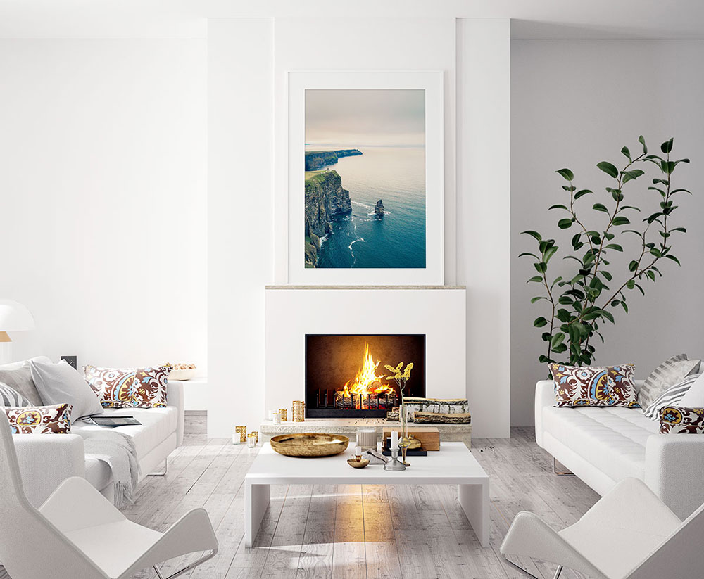 Large framed canvas wall art printed in Canada mounted over fireplace