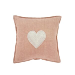 Pink feather down linen pillow with white heart