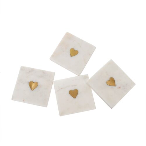 Square marble coasters with brass hearts set of 4