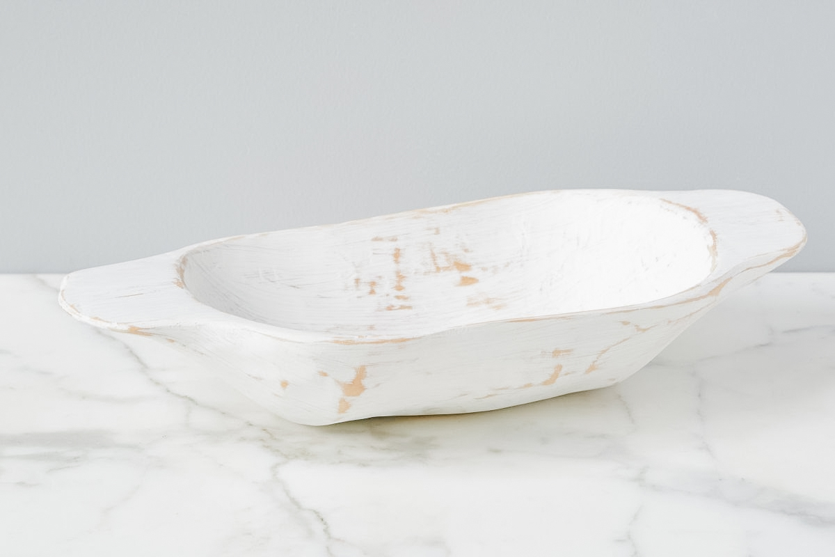 White distressed dough bowl kitchen decor accessory
